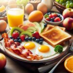Image of eggs, bacon, toast and fruit on a plate